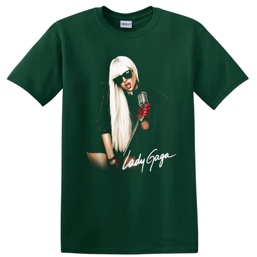 Lady Gaga pop art portrait with microphone, sunglasses, and script text on a Forest Green T Shirt