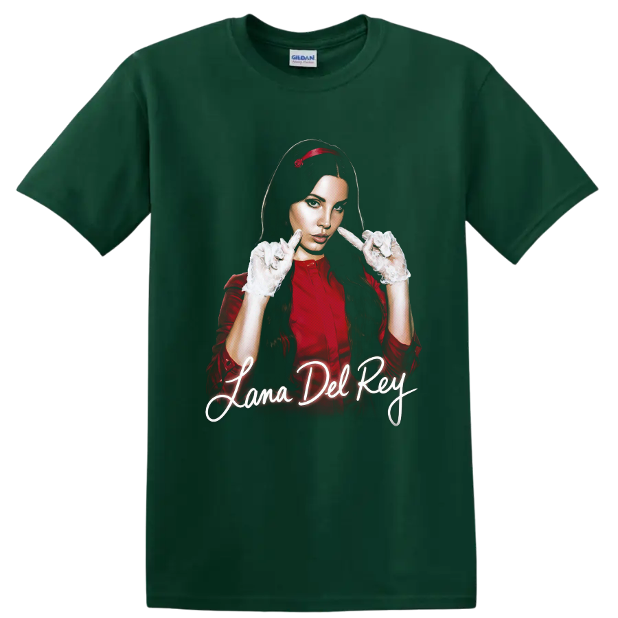 Lana Del Rey digital fan-art portrait with glowing script text on a Forest Green T Shirt