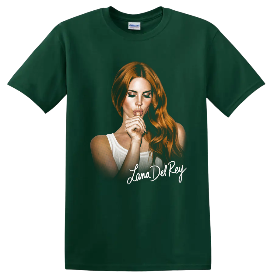 Lana Del Rey digital portrait fan art with white script lettering on a Forest Green T Shirt