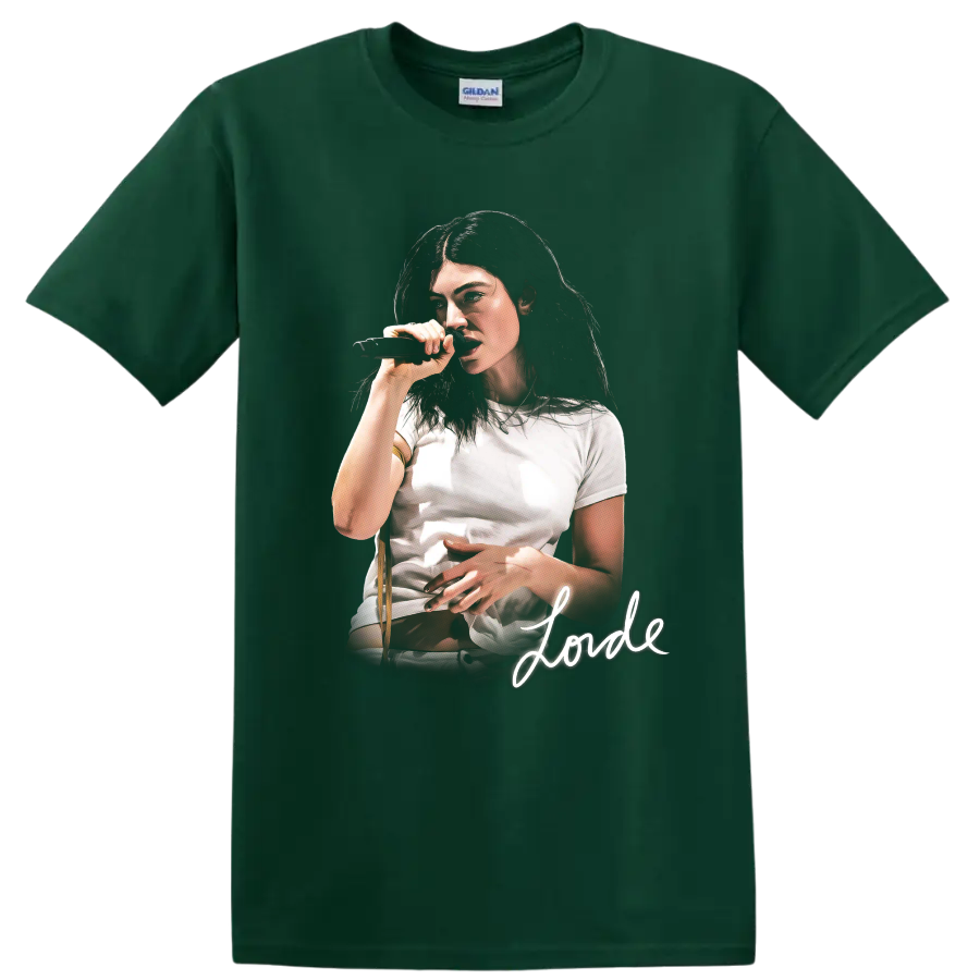 Lorde singer portrait performing with a microphone and signature on a Forest Green T Shirt
