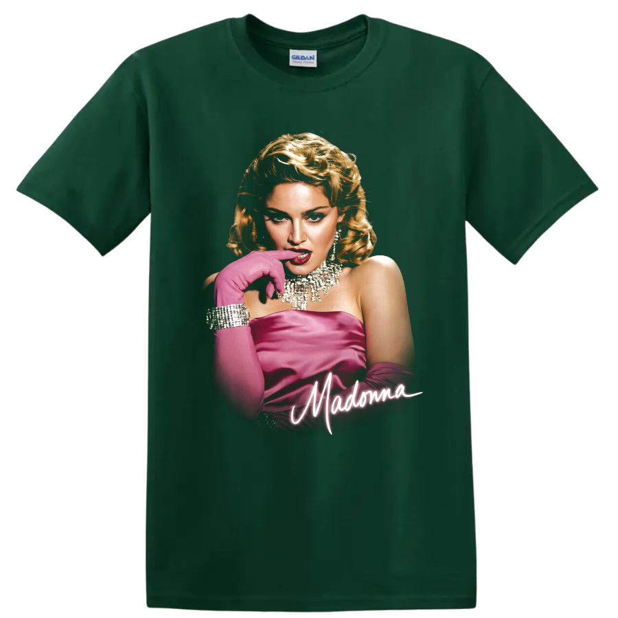 Madonna Material Girl era pink glamour portrait with script lettering on a Forest Green T Shirt