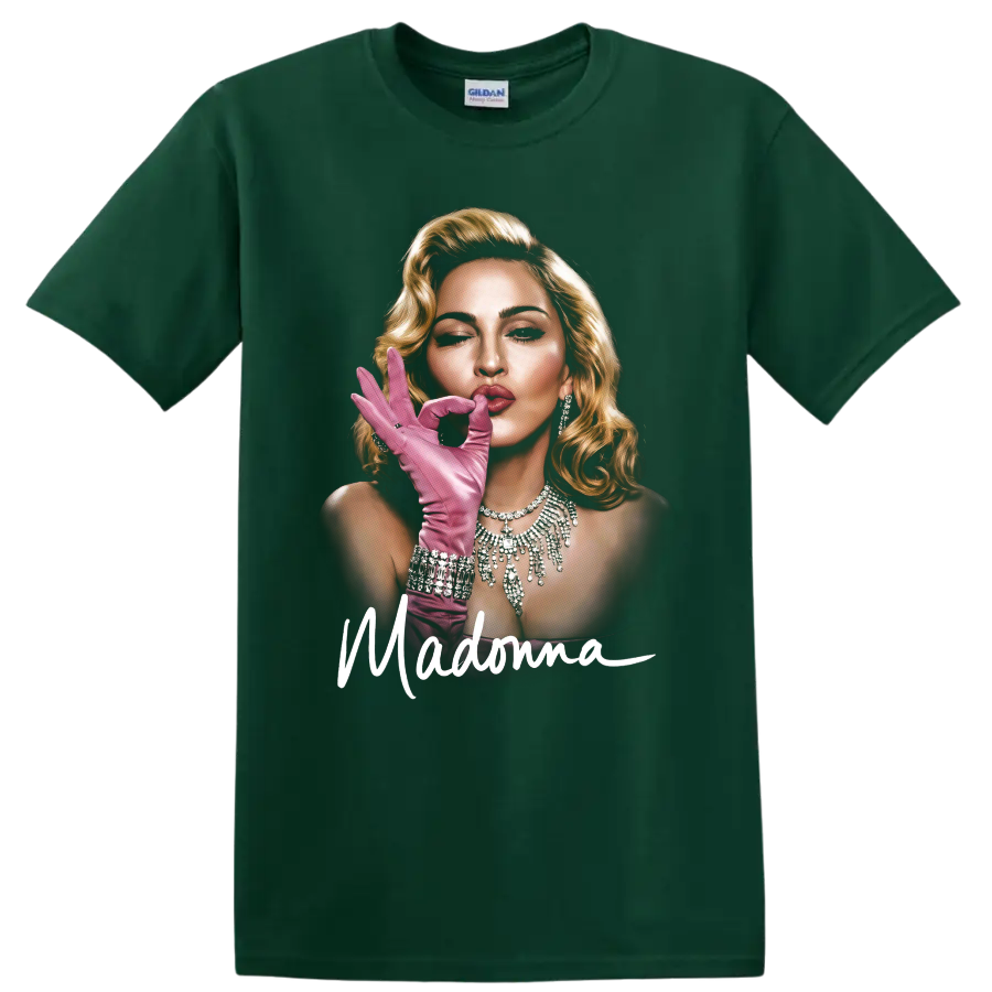 Madonna pop art portrait with pink glove and script lettering on a Forest Green T Shirt