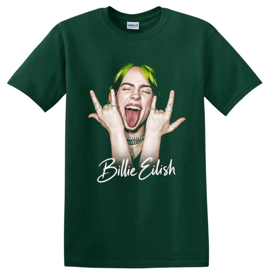 Billie Eilish neon pop art portrait with glowing script lettering on a Forest Green T Shirt