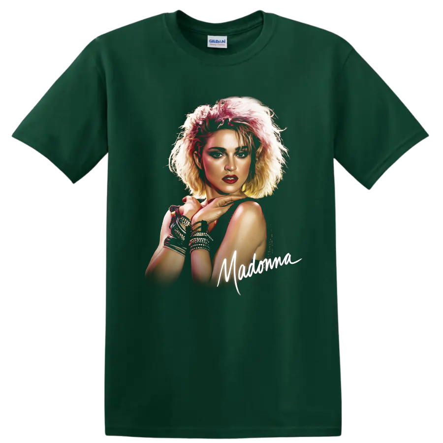 Madonna Like a Virgin pop art portrait with handwritten Madonna lettering on a Forest Green T Shirt