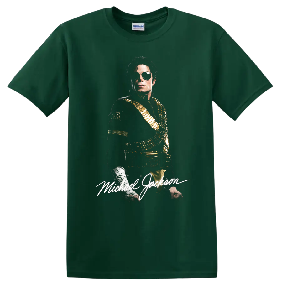 Michael Jackson Dangerous era portrait graphic with signature lettering on a Forest Green T Shirt