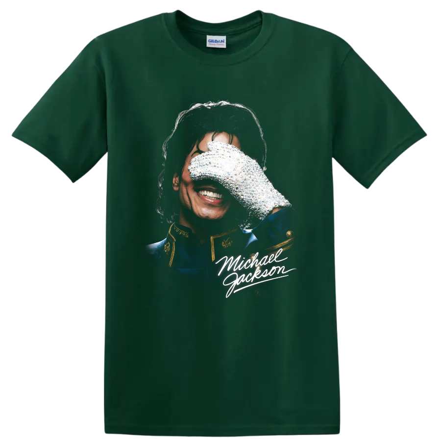 Michael Jackson portrait with signature glove and white script graphic on a Forest Green T Shirt