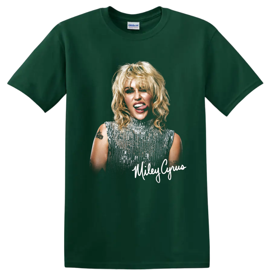 Miley Cyrus portrait with silver sequin top and signature-style name on a Forest Green T Shirt