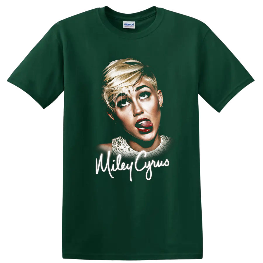 Miley Cyrus Bangerz-era portrait graphic with script name on a Forest Green T Shirt