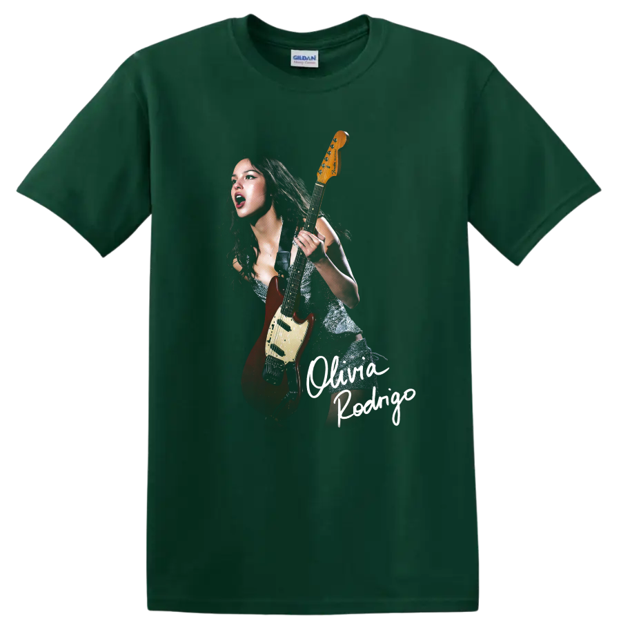 Olivia Rodrigo performing with red electric guitar and handwritten name design on a Forest Green T Shirt