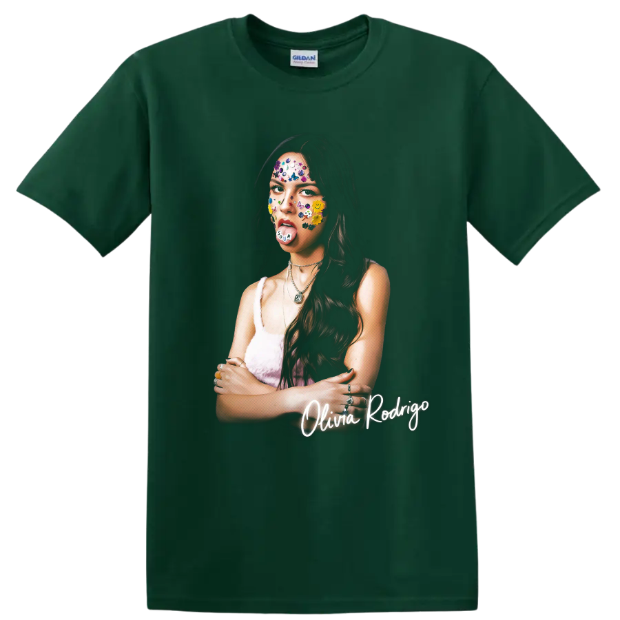 Olivia Rodrigo colorful SOUR-inspired portrait graphic with sticker details on a Forest Green T Shirt