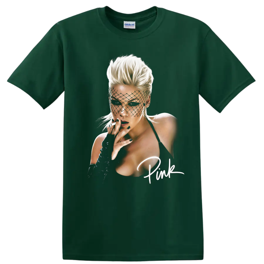 P!nk pop star portrait with aerial performer styling on a Forest Green T Shirt