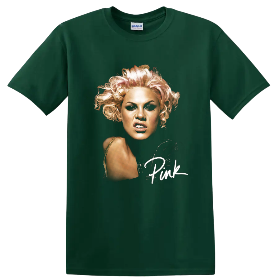P!nk comic-book-style portrait with handwritten Pink script lettering on a Forest Green T Shirt