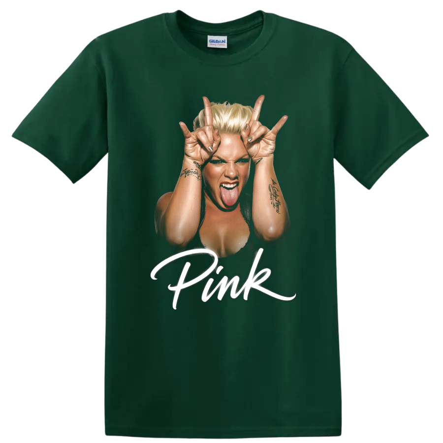 P!nk portrait graphic with raised rock hand gestures and white script on a Forest Green T Shirt