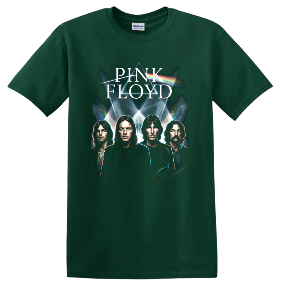 Pink Floyd Dark Side prism graphic with band portraits and rainbow light on a Forest Green T Shirt