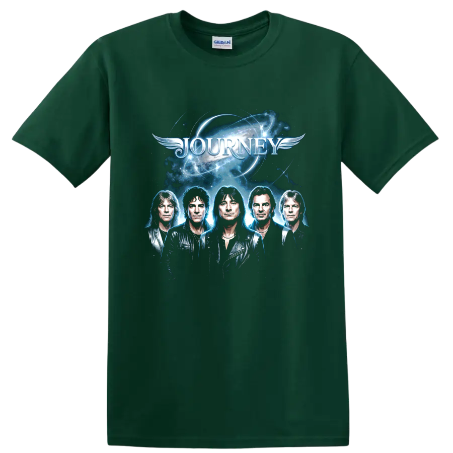 Journey classic rock band portraits with winged cosmic logo on a Forest Green T Shirt