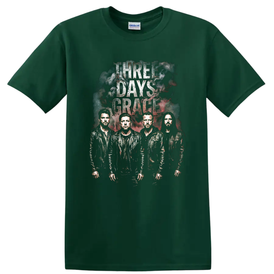 Three Days Grace vintage rock band graphic with four portraits and distressed lettering on a Forest Green T Shirt