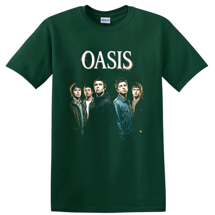 Oasis band portrait with Liam Gallagher and large OASIS lettering on a Forest Green T Shirt