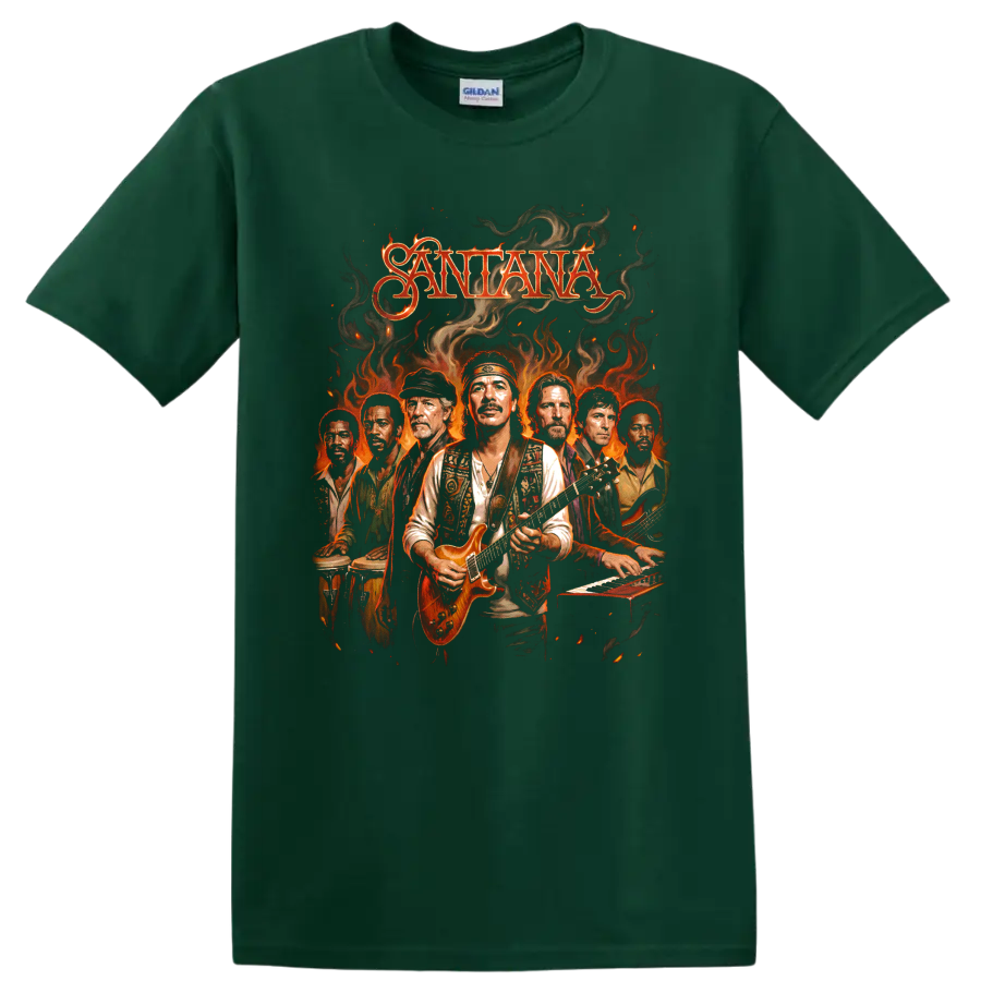Carlos Santana and Santana Latin rock band with electric guitar and flames on a Forest Green T Shirt