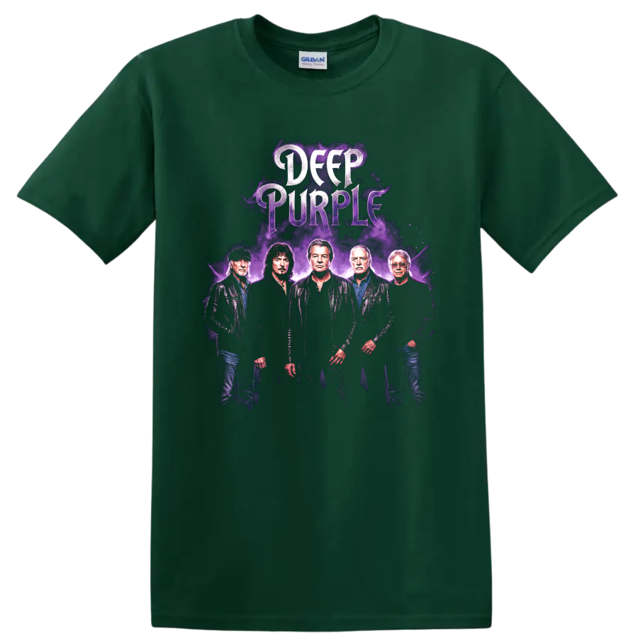 Deep Purple band poster with purple smoke and distressed lettering on a Forest Green T Shirt