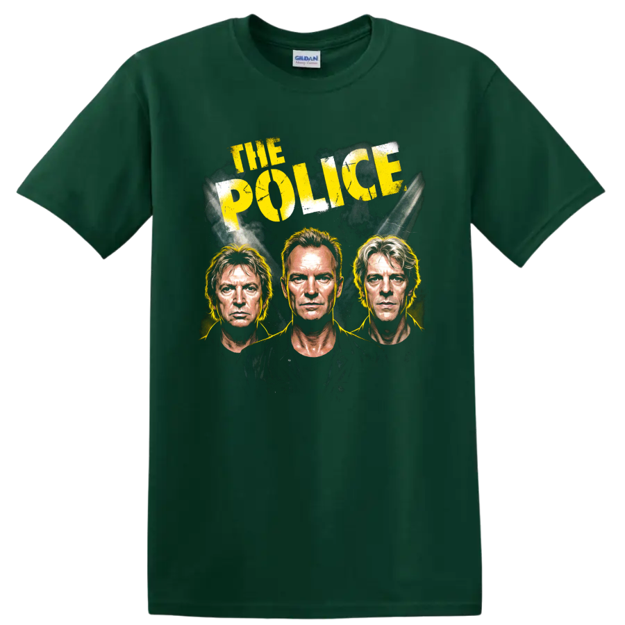 The Police distressed rock portrait graphic with Sting, Summers and Copeland on a Forest Green T Shirt