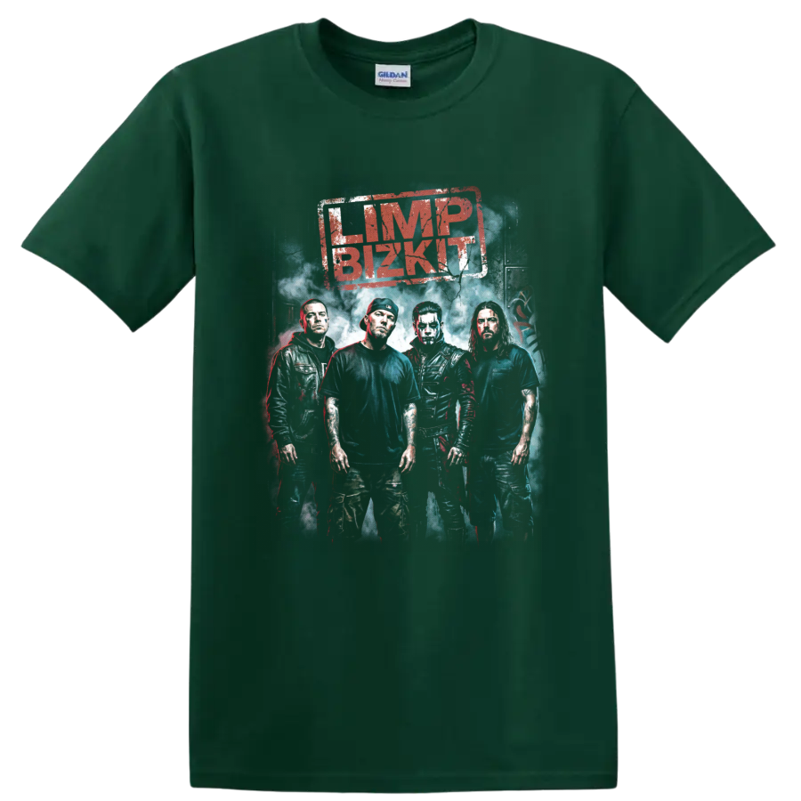 Limp Bizkit band members poster with distressed nu metal graphic lettering on a Forest Green T Shirt
