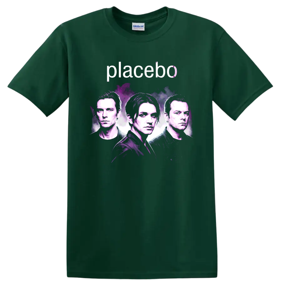 Placebo band portrait graphic with pink and purple paint-splash artwork on a Forest Green T Shirt