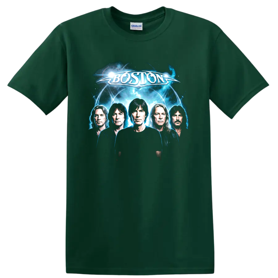 Boston rock band futuristic cosmic portrait with glowing blue energy on a Forest Green T Shirt
