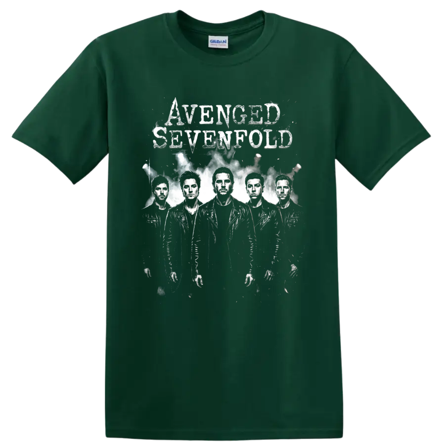 Avenged Sevenfold distressed heavy metal band portrait design on a Forest Green T Shirt