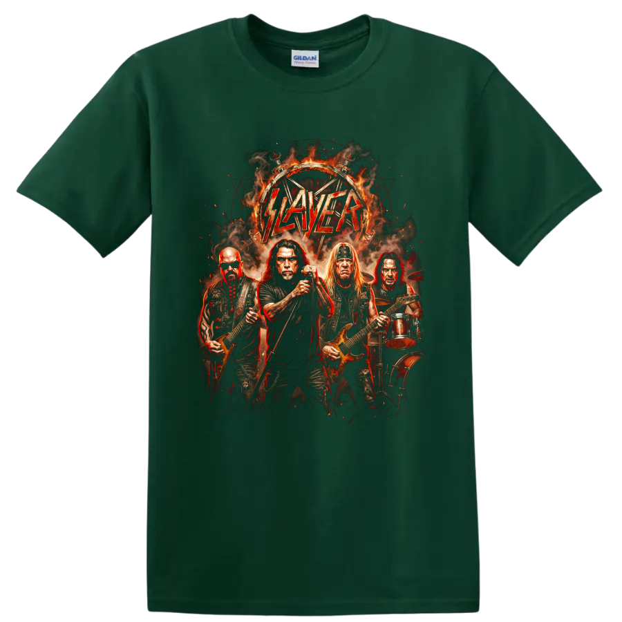 Slayer thrash metal band performing in fiery distressed graphic artwork on a Forest Green T Shirt