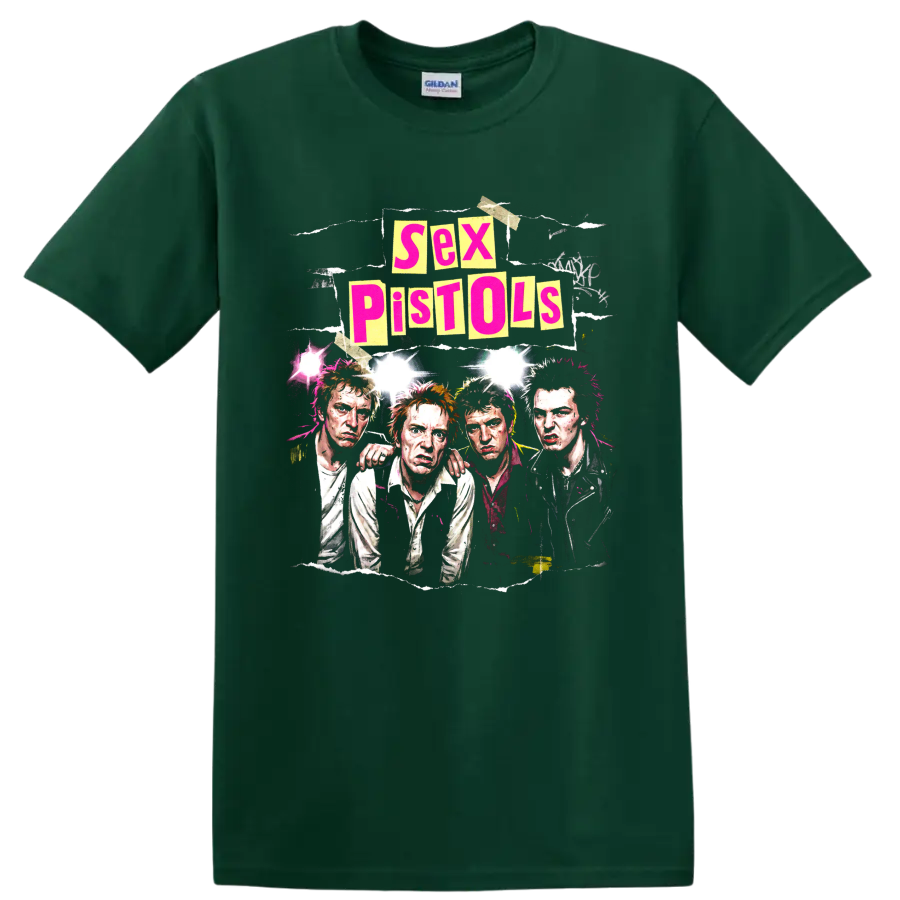Sex Pistols punk rock band portrait collage with bold distressed lettering on a Forest Green T Shirt