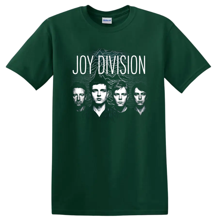 Joy Division post-punk graphic with four monochrome band portraits on a Forest Green T Shirt