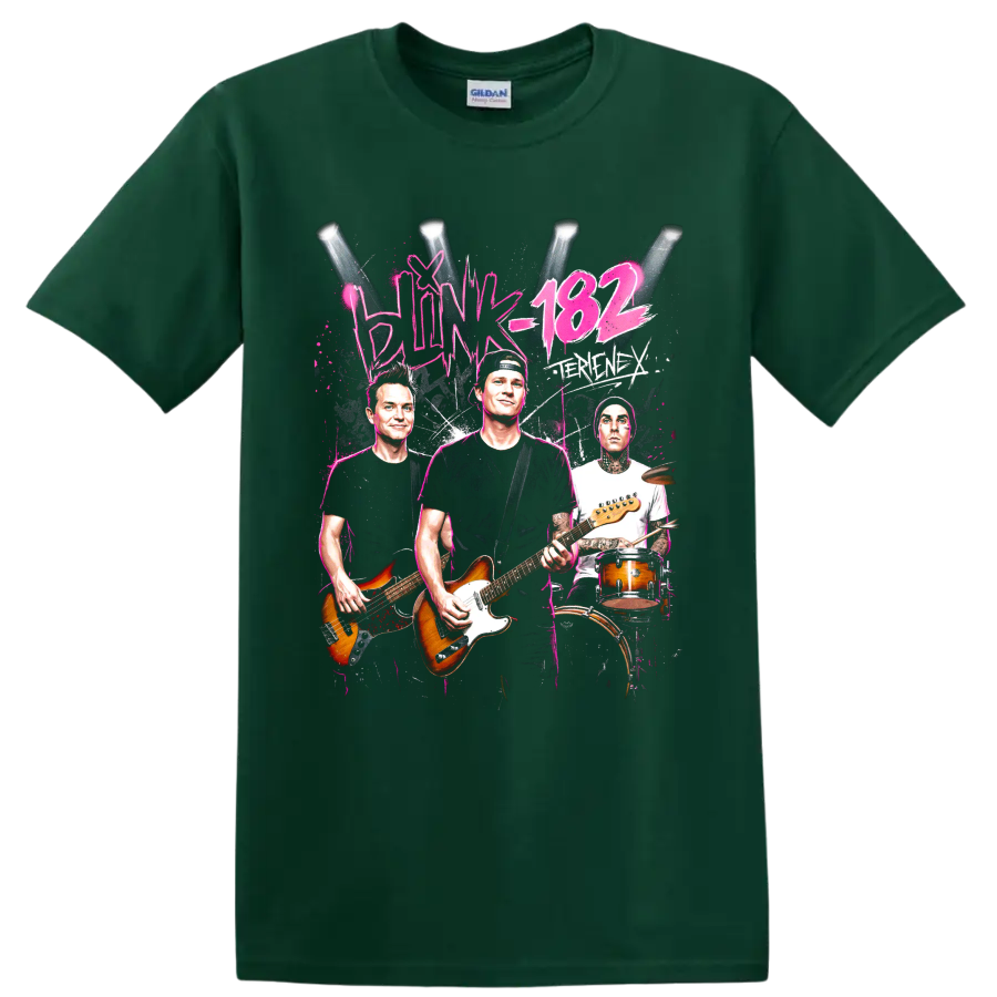Blink-182 Tom DeLonge rock band graphic with guitars and drummer on a Forest Green T Shirt