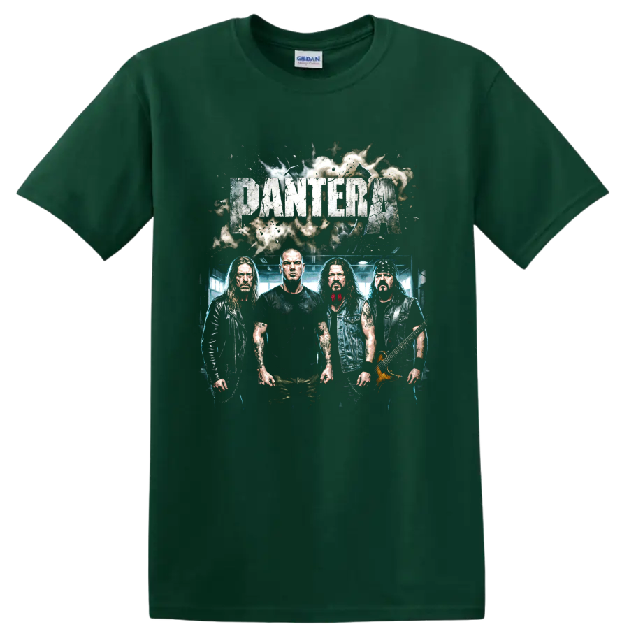 Pantera heavy metal band distressed graphic with four musicians and guitar on a Forest Green T Shirt