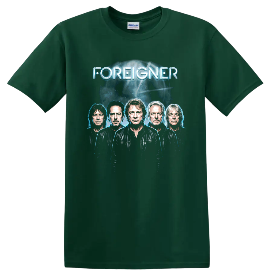 Foreigner classic rock portrait graphic with glowing blue lettering on a Forest Green T Shirt