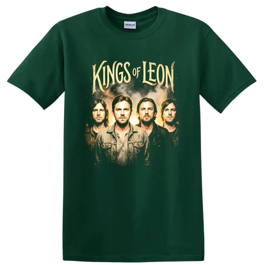 Kings of Leon vintage rock band portrait graphic on a Forest Green T Shirt