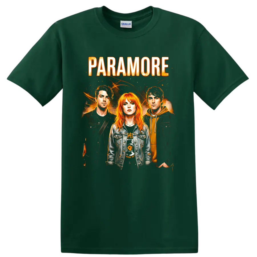 Paramore band portrait graphic with bold lettering and fiery orange concert-poster style on a Forest Green T Shirt