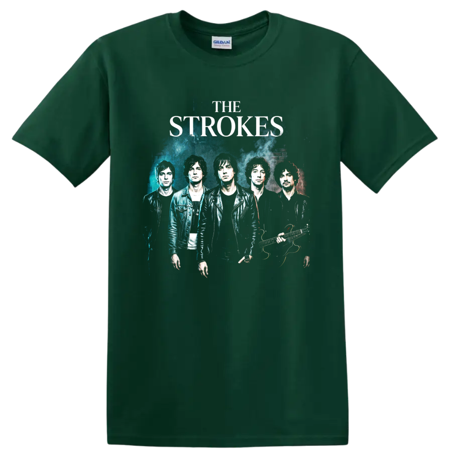 The Strokes distressed indie rock band poster graphic on a Forest Green T Shirt