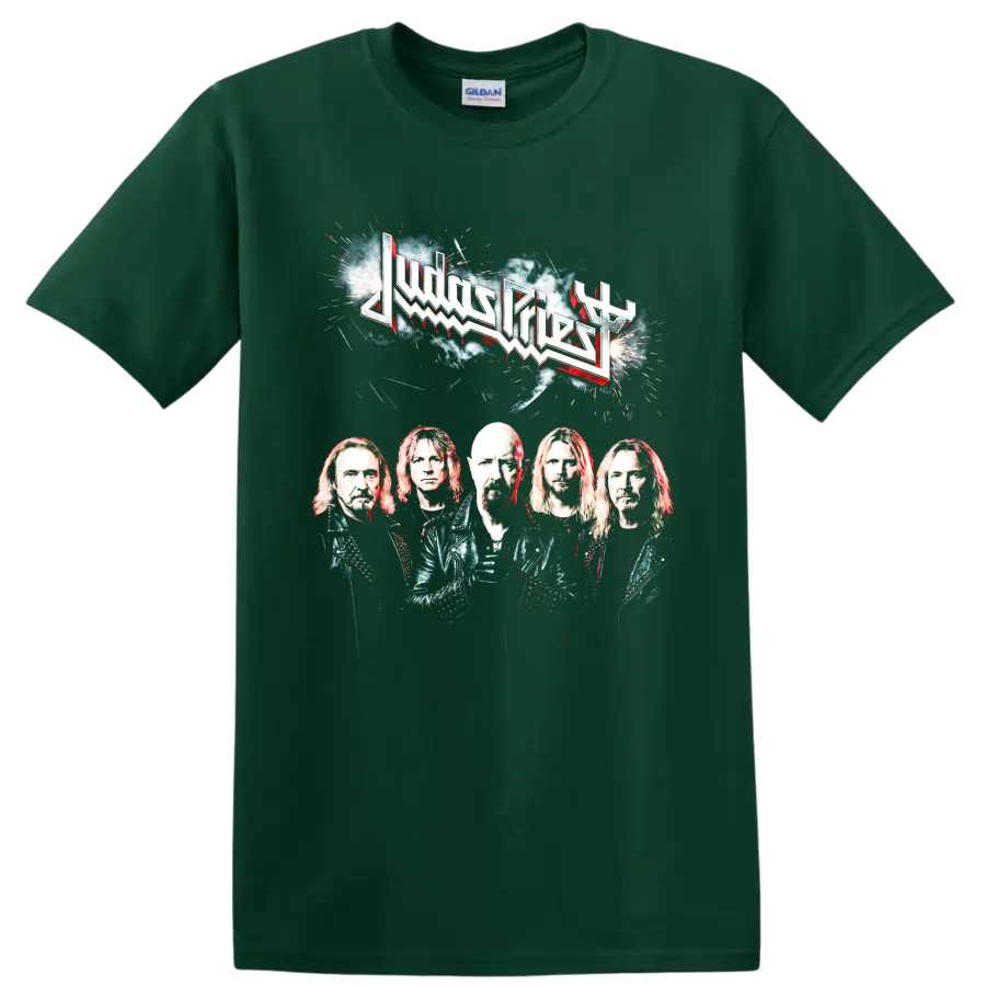Judas Priest heavy metal band logo and portrait graphic print on a Forest Green T Shirt