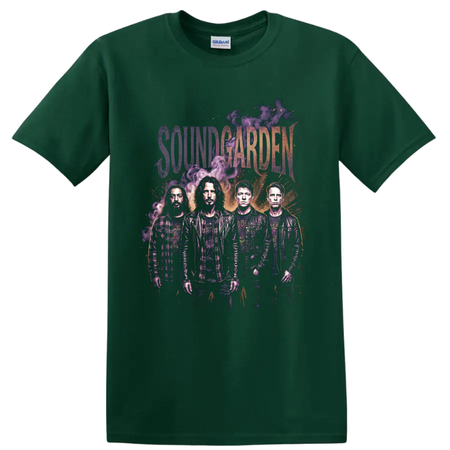 Soundgarden grunge band portrait with purple smoke and distressed lettering on a Forest Green T Shirt