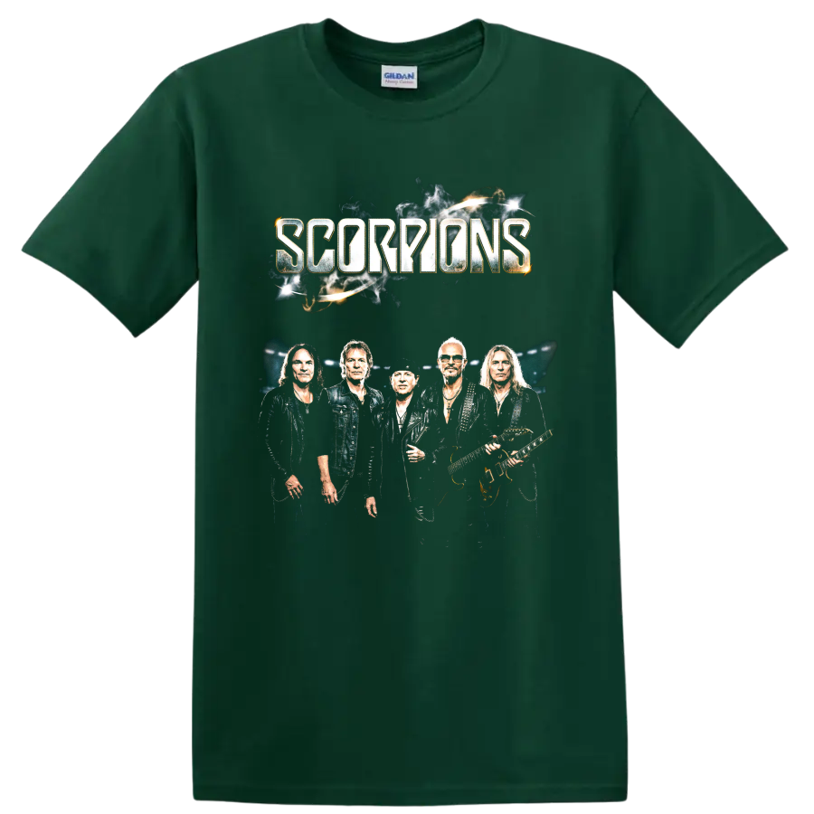 Scorpions band member portrait with guitars and distressed lettering on a Forest Green T Shirt