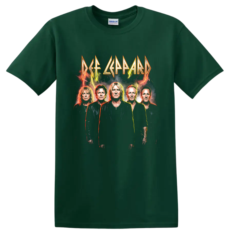 Def Leppard five-member portrait with angular lettering and lightning graphic on a Forest Green T Shirt