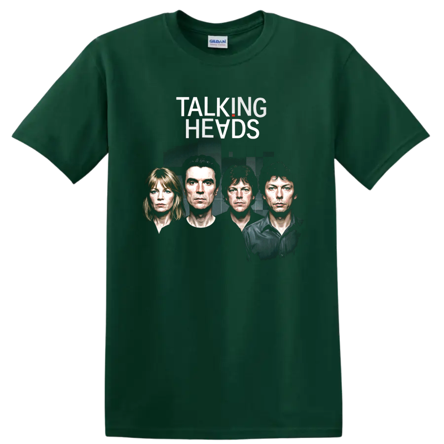 Talking Heads rock poster art with four illustrated portraits on a Forest Green T Shirt