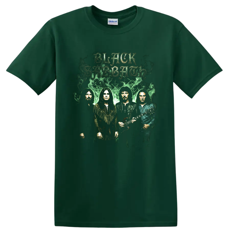 Black Sabbath band portraits with gothic lettering and green smoke on a Forest Green T Shirt