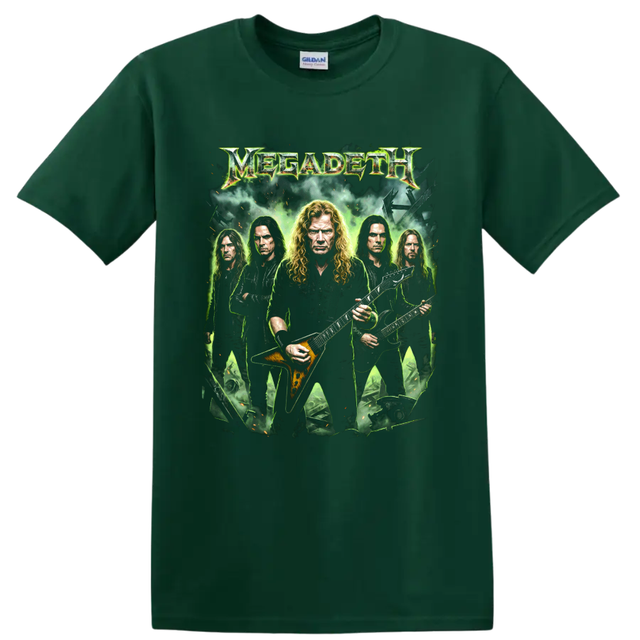 Megadeth Dave Mustaine thrash metal band graphic with logo on a Forest Green T Shirt