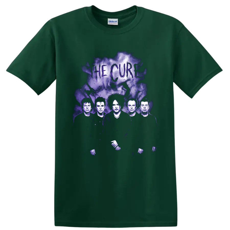 The Cure Robert Smith gothic rock band portrait with purple smoke on a Forest Green T Shirt