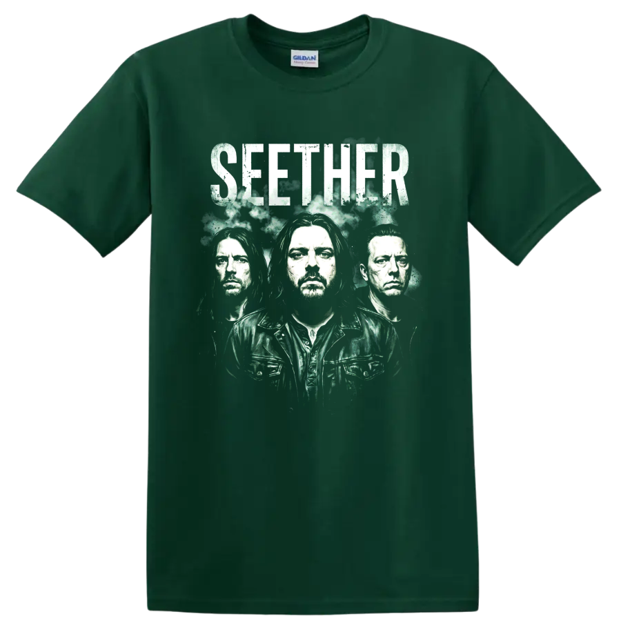Seether alternative rock band portrait graphic with distressed SEETHER text on a Forest Green T Shirt