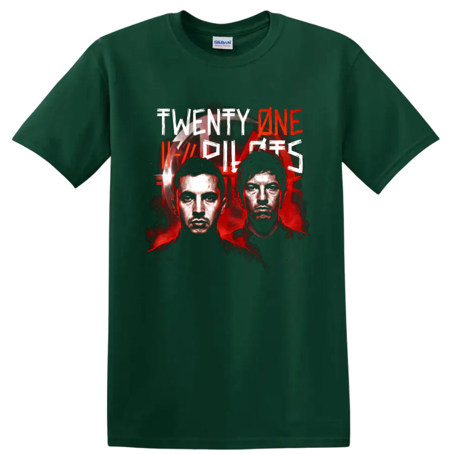 Twenty One Pilots alternative rock poster graphic with two illustrated portraits on a Forest Green T Shirt