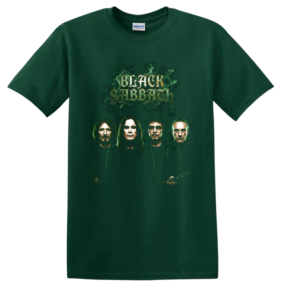Black Sabbath Bloody Sabbath-inspired gothic band portrait graphic with green smoke on a Forest Green T Shirt