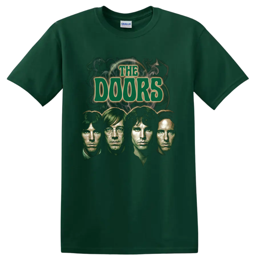 The Doors psychedelic rock graphic with four portraits and smoke on a Forest Green T Shirt