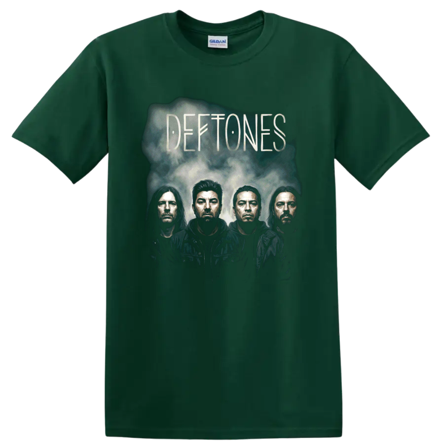 Deftones dark portrait poster artwork with four figures on a Forest Green T Shirt